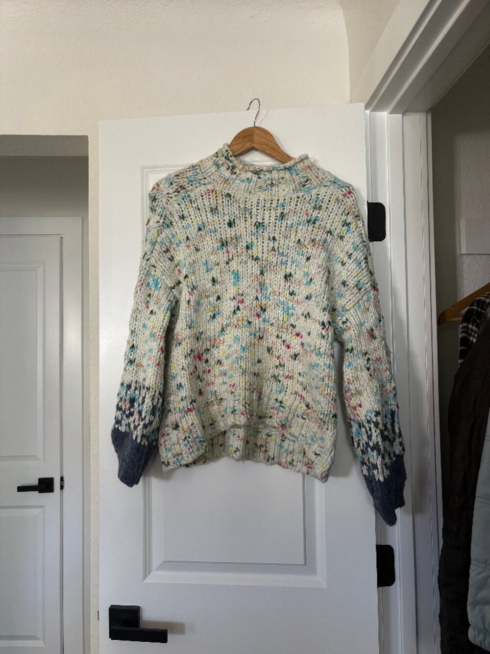 Anthropologie Cream Funfetti Speckled Roll Neck Sweater with Navy Cuffs - Picture 2 of 3